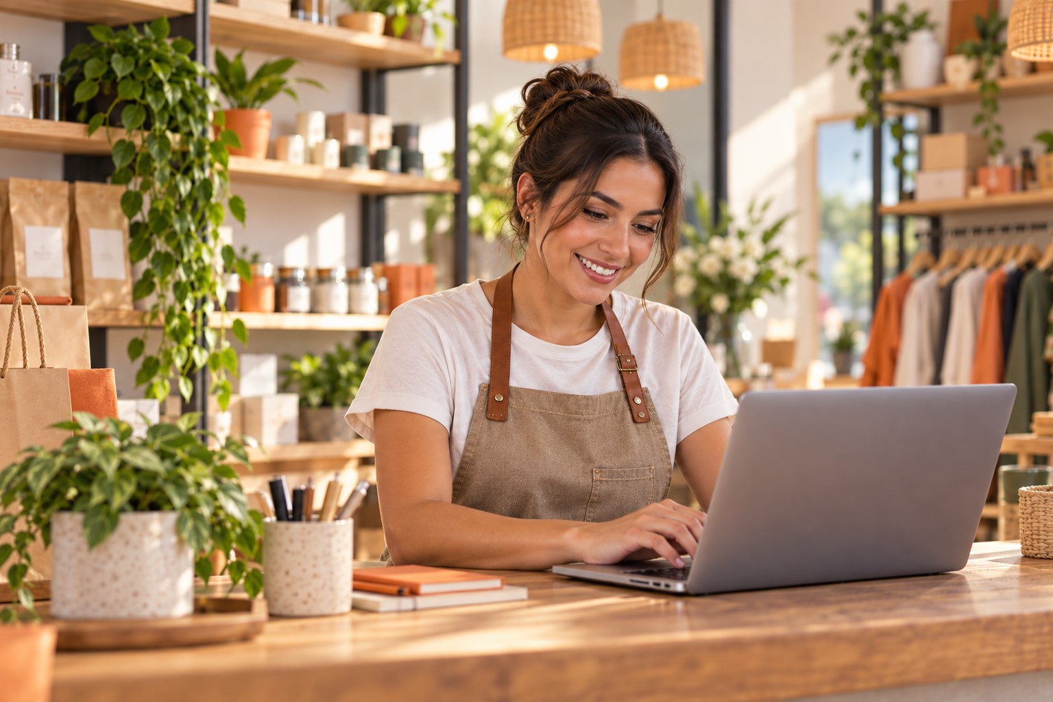 Mujer administrando su tienda en Chequea